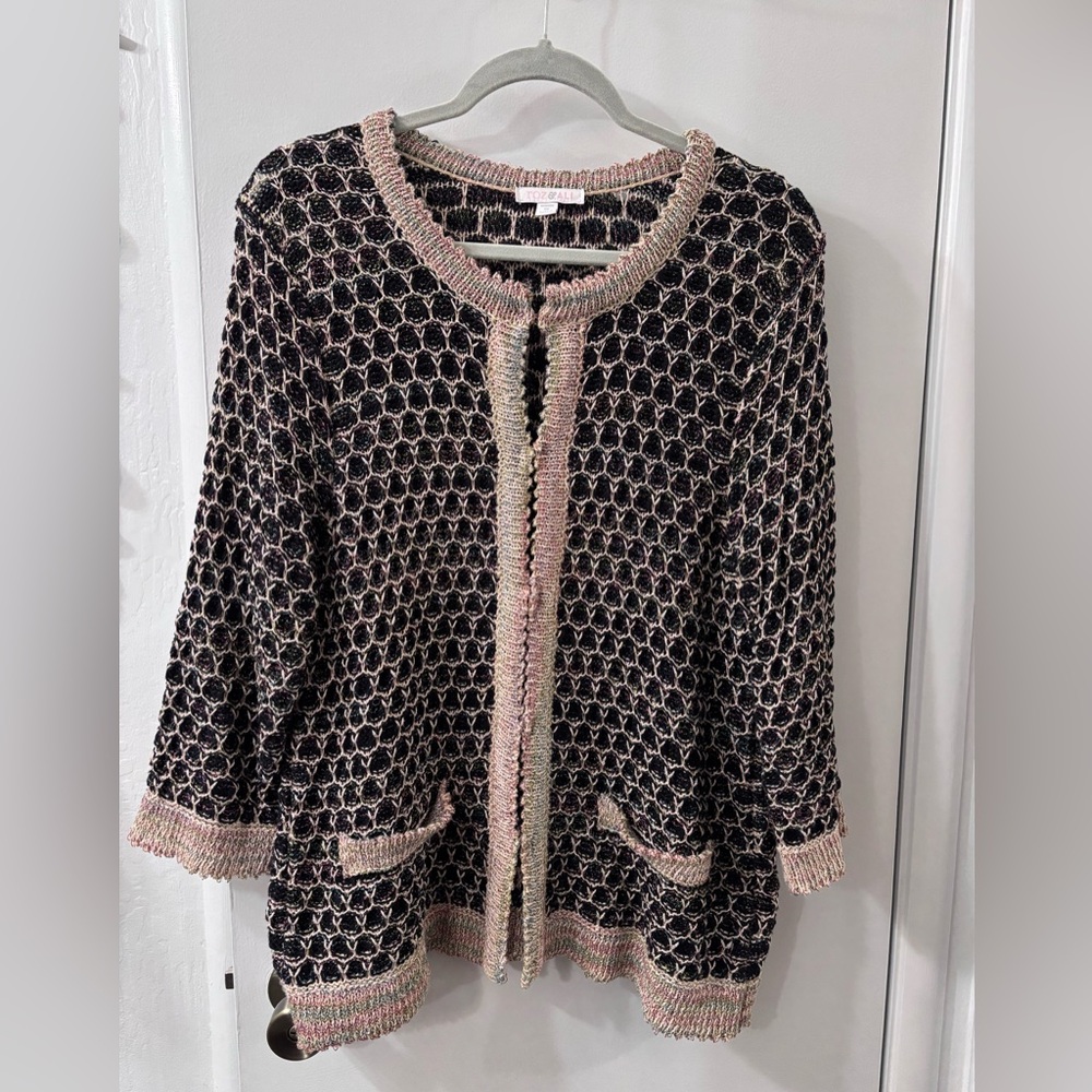 Roz & Ali Vintage Knit Black Sweater w/ Pastel Colors & Gold Threading, Size 1X